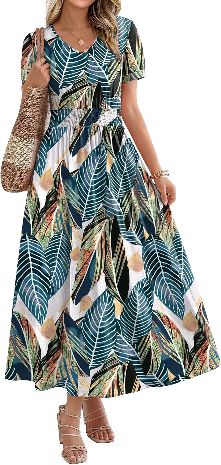 OFEEFAN Maxi Dresses for Women V Neck Ladies Midi Long Dress A Line Smocked Waisted Casual Summer Spring Clothes Boho Beach