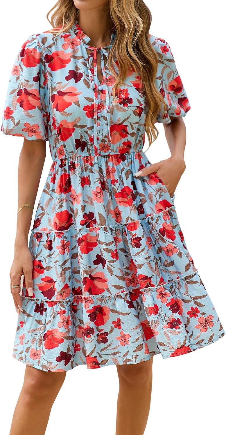 BTFBM Women Summer Floral Short Dresses V Neck Short Sleeve Tiered Ruffle Boho Swing Dress A-Line Mini Dresses