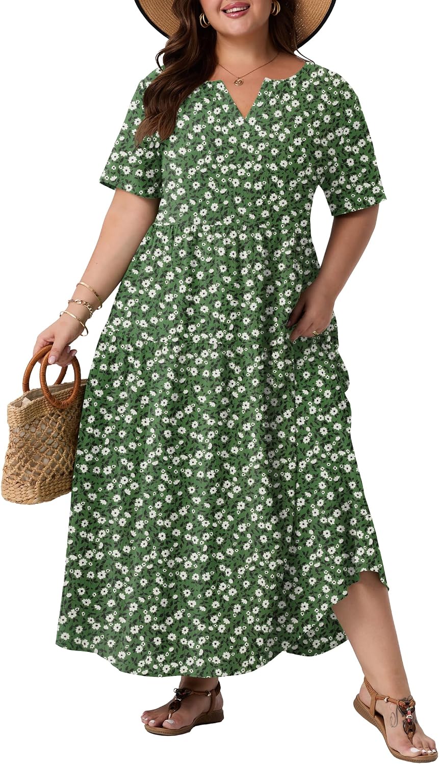 OLRIK Plus Size Maxi Dresses for Curvy Women - Flowy Boho Summer Dress with Pockets, V-Neck Short Sleeve for Beach Vacation