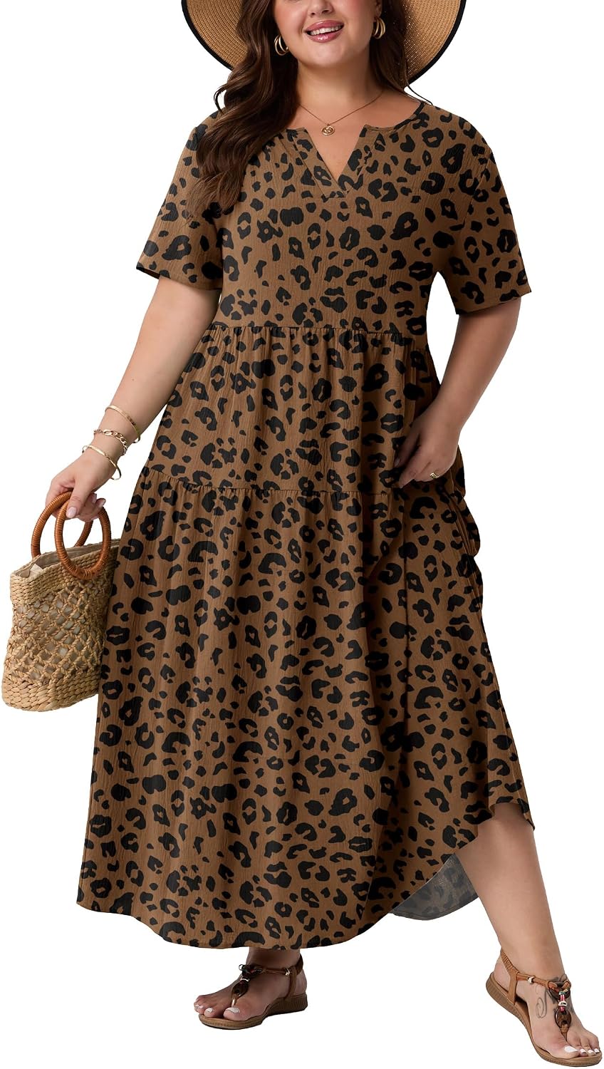 OLRIK Plus Size Maxi Dresses for Curvy Women - Flowy Boho Summer Dress with Pockets, V-Neck Short Sleeve for Beach Vacation
