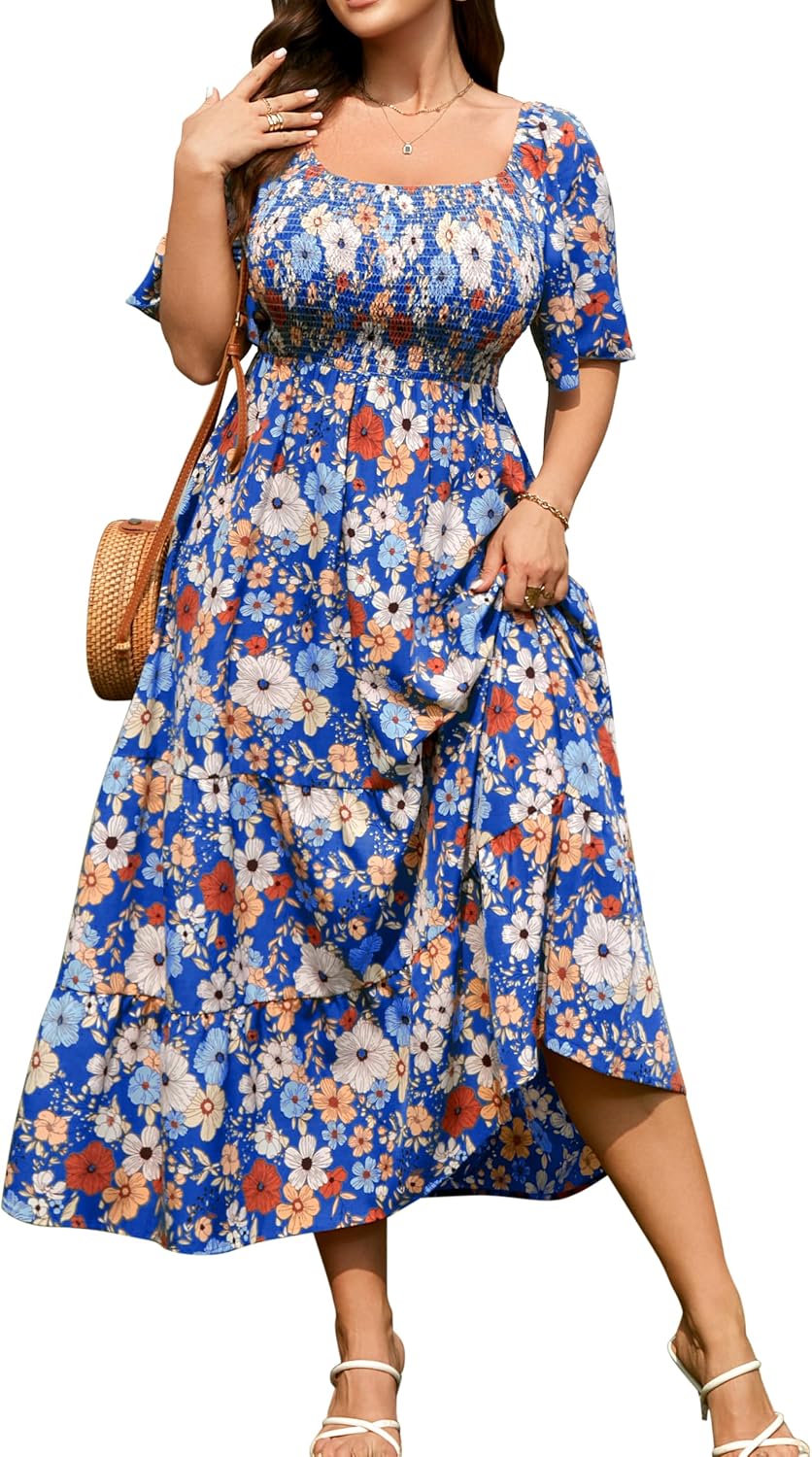 RWJ Women's Plus Size Summer Dresses Short Sleeve Smocked Boho Maxi Dress | Beach Dresses for Women 2026 Vacation, Bohemian Floral Square Neck Empire Waist, Wedding Guest Baby Shower Casual Sundress