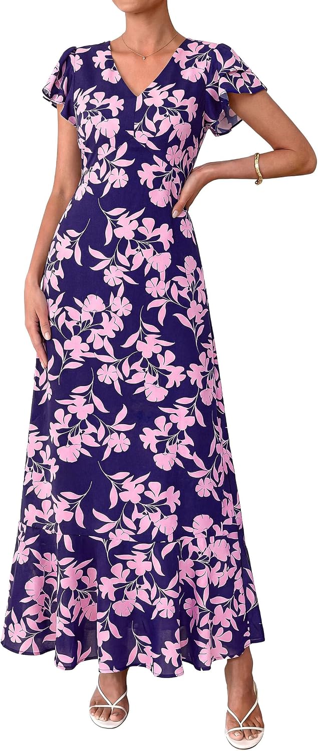 PRETTYGARDEN Womens Summer Boho Floral Maxi Dress | V Neck Ruffle Sleeve Tiered A-Line Sundress, Lightweight Flowy Long Dresses for Spring Wedding Guest, Cocktail Party, Cruise