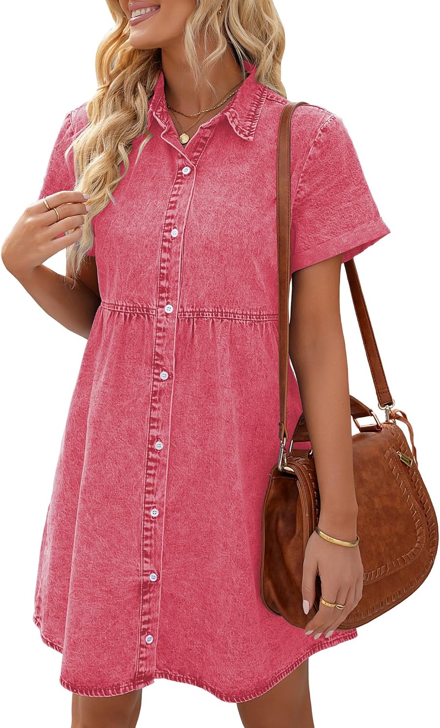 LookbookStore Denim Dress for Women Short Sleeve Flowy Babydoll Jean Dress | Trendy Womens Summer Dresses, Tiered Baby Doll Short Dress, Above Knee Length, Button Down, Daily Wear, Country Concert Dress