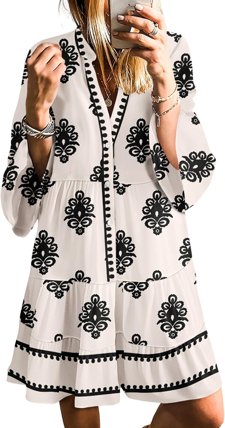 SELINK Womens Long Sleeve Dresses Casual V Neck Tribal Mini Beach Dress | flowy summer dress, front button, bell sleeve, boho, tiered, loose fit for vacation daily outfits