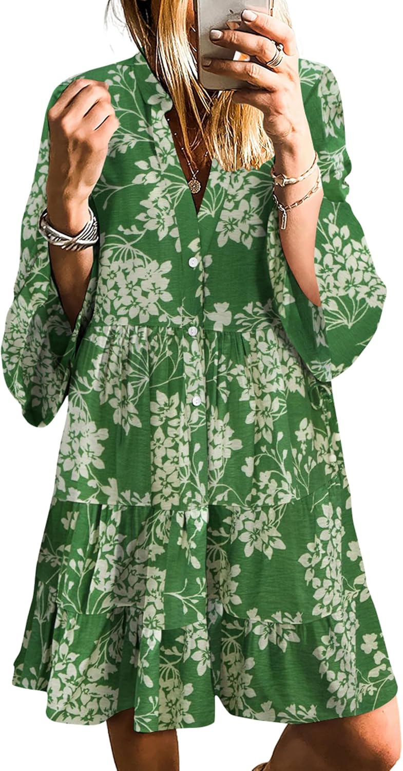 SELINK Womens Long Sleeve Dresses Casual V Neck Tribal Mini Beach Dress | flowy summer dress, front button, bell sleeve, boho, tiered, loose fit for vacation daily outfits
