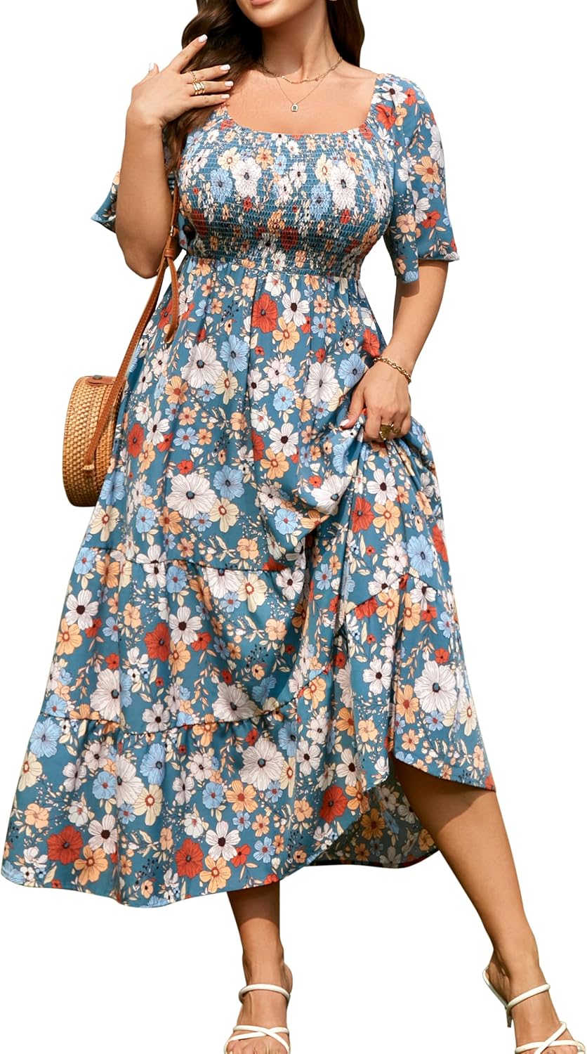 RWJ Women's Plus Size Summer Dresses Short Sleeve Smocked Boho Maxi Dress | Beach Dresses for Women 2026 Vacation, Bohemian Floral Square Neck Empire Waist, Wedding Guest Baby Shower Casual Sundress