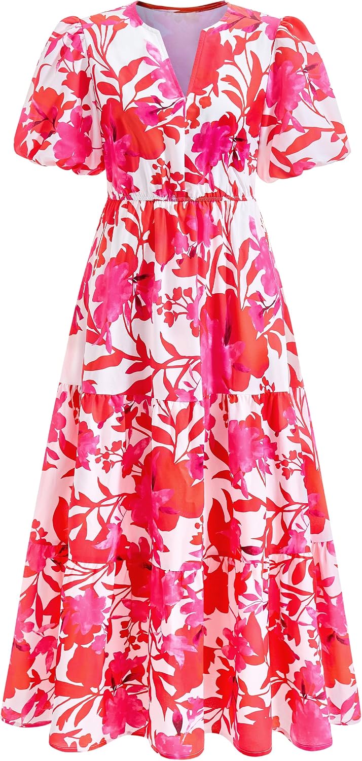 dowerme Women Summer Puff Short Sleeve Floral Boho Tiered Ruffle Maxi Dress | Casual V Neck Wedding Guest Dresses 2026,Fall Fashion A-Line Long Sundress with Pockets,Spring Flowy Beach Vacation Clothes