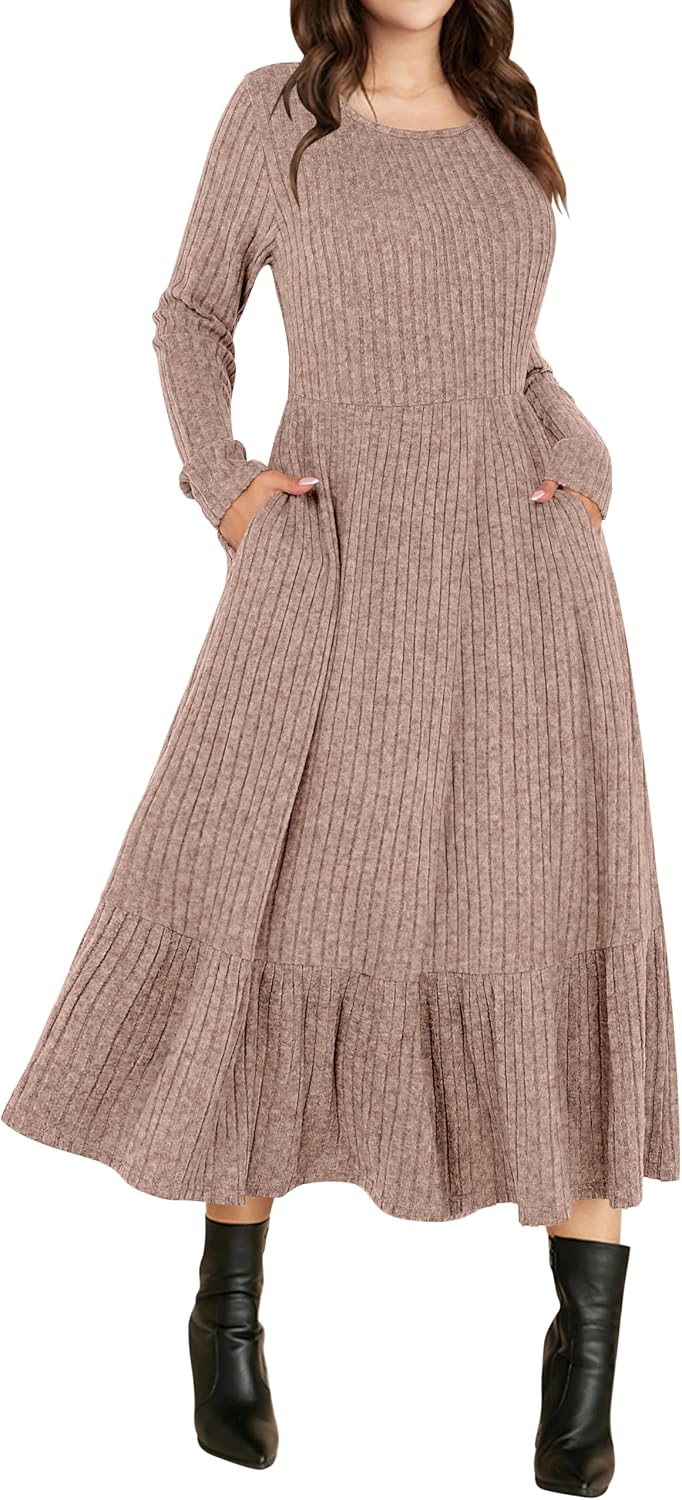 ANRABESS Womens Fall Long Sleeve Midi Dress | Crewneck Swing Flowy A Line Dresses, Soft Comfy Rib Knit, Casual Everyday Date Nights Wear, Minimal Elegant, Winter Layering