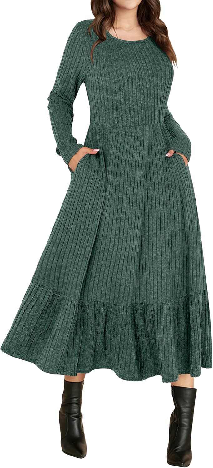 ANRABESS Womens Fall Long Sleeve Midi Dress | Crewneck Swing Flowy A Line Dresses, Soft Comfy Rib Knit, Casual Everyday Date Nights Wear, Minimal Elegant, Winter Layering