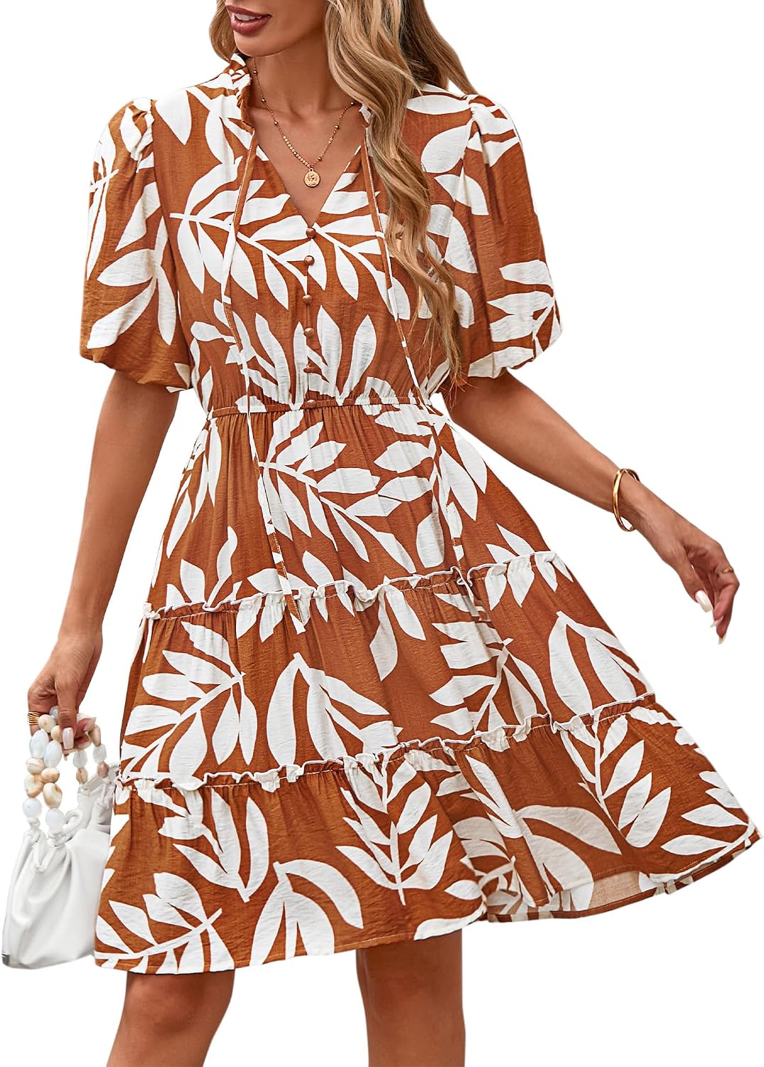 BTFBM Women Summer Floral Short Dresses V Neck Short Sleeve Tiered Ruffle Boho Swing Dress A-Line Mini Dresses