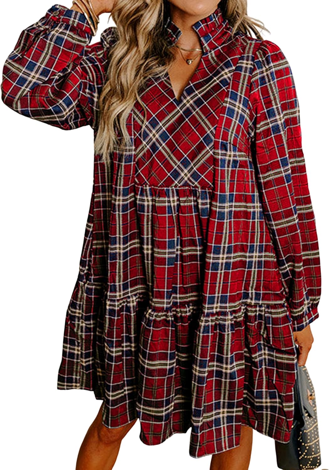 SELINK Womens Long Sleeve Dresses Casual V Neck Tribal Mini Beach Dress | flowy summer dress, front button, bell sleeve, boho, tiered, loose fit for vacation daily outfits
