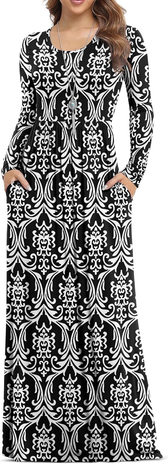 VIISHOW Women's Long Sleeve Casual Empire Waist Maxi Dress with Pockets | Soft stretch,Loose\u2011flowing dress,Full\u2011length cut,For church & daily occasions,Layer for cool Fall\u2011Winter,Casual to Formal