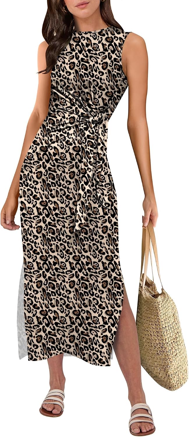 ANRABESS Women's Sleeveless T-Shirt Midi Tank Dress | Summer Casual, Slim Fit, Tie Waist Split Trendy Long Dresses, 2026 Travel Vacation Beach Sundress, Soft Comfy