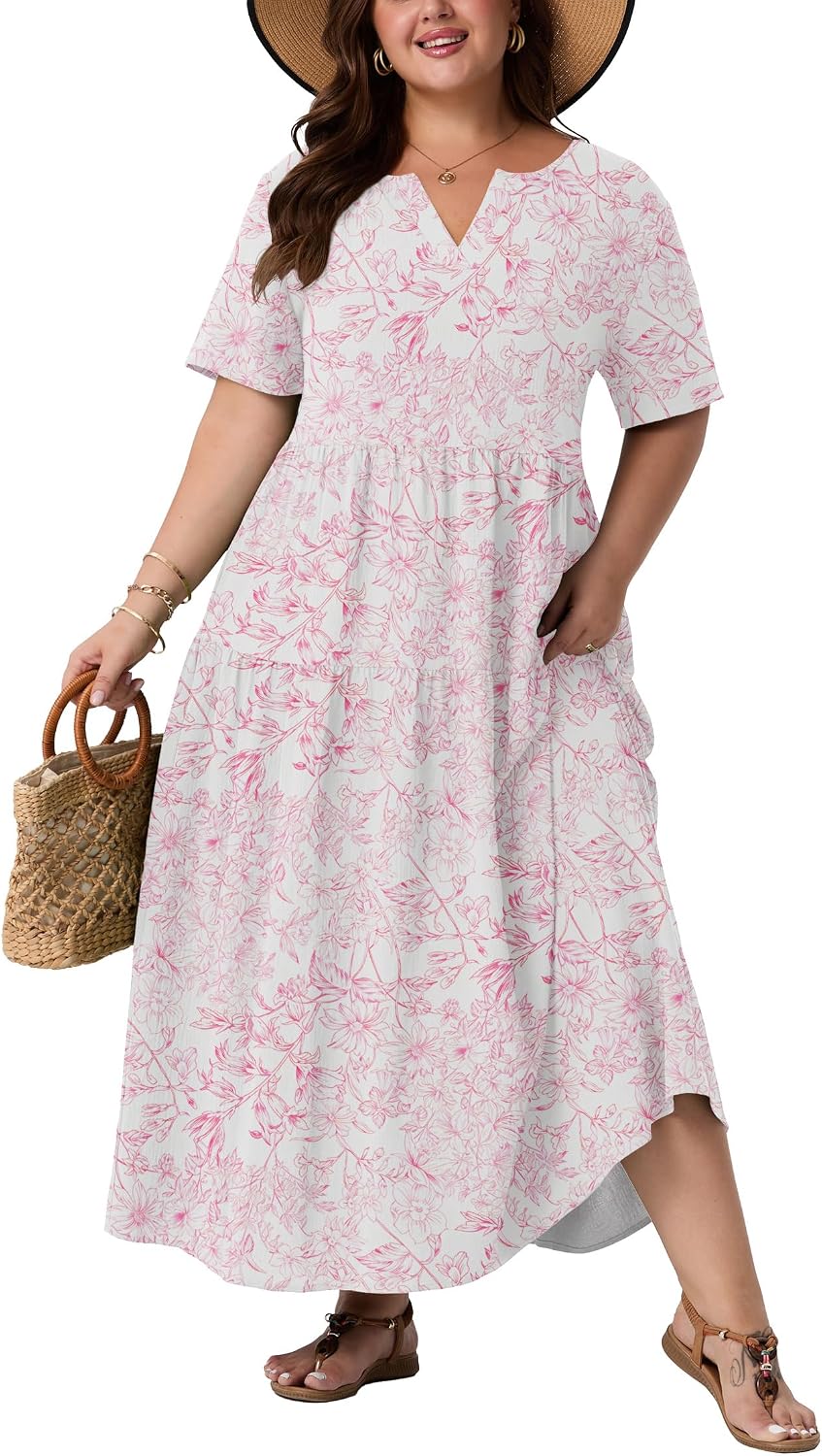OLRIK Plus Size Maxi Dresses for Curvy Women - Flowy Boho Summer Dress with Pockets, V-Neck Short Sleeve for Beach Vacation