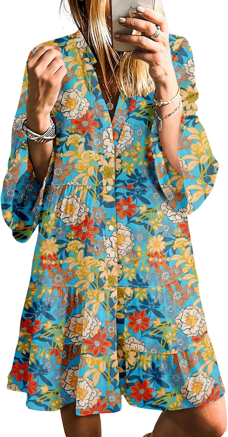 SELINK Womens Long Sleeve Dresses Casual V Neck Tribal Mini Beach Dress | flowy summer dress, front button, bell sleeve, boho, tiered, loose fit for vacation daily outfits