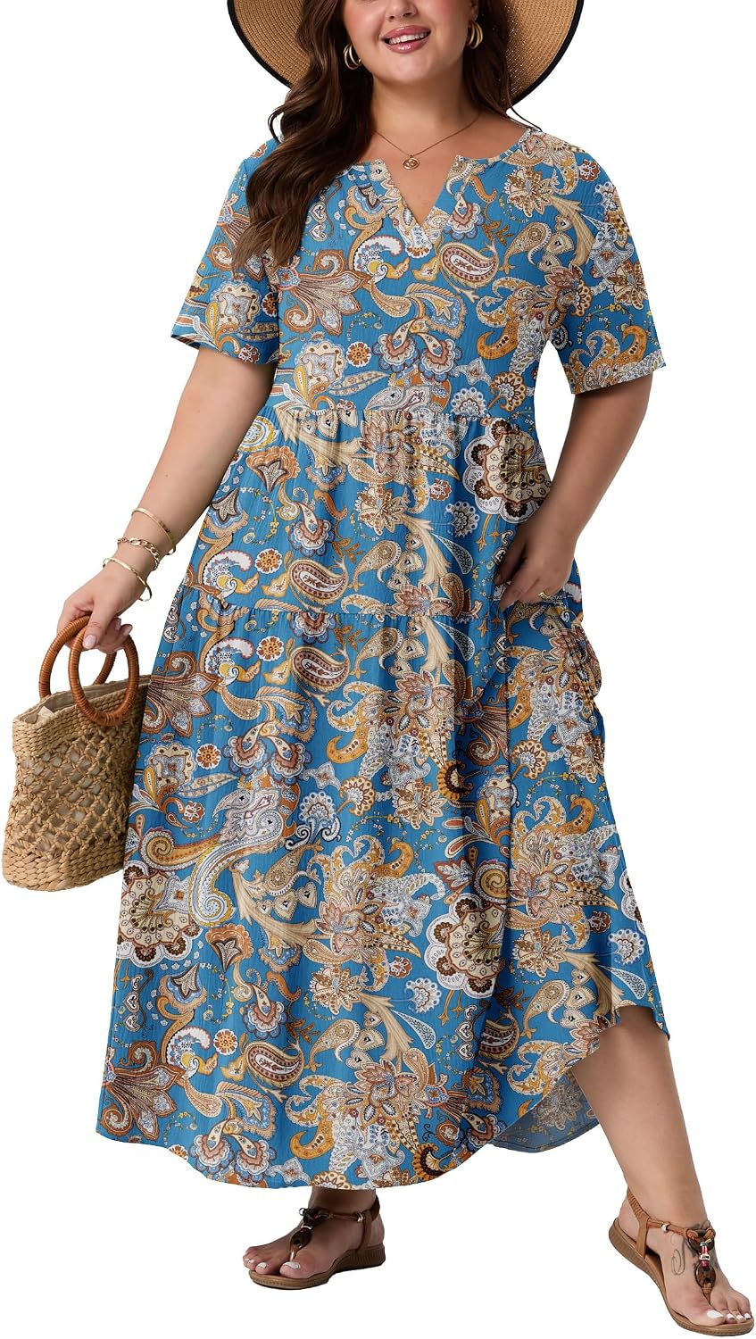 OLRIK Plus Size Maxi Dresses for Curvy Women - Flowy Boho Summer Dress with Pockets, V-Neck Short Sleeve for Beach Vacation