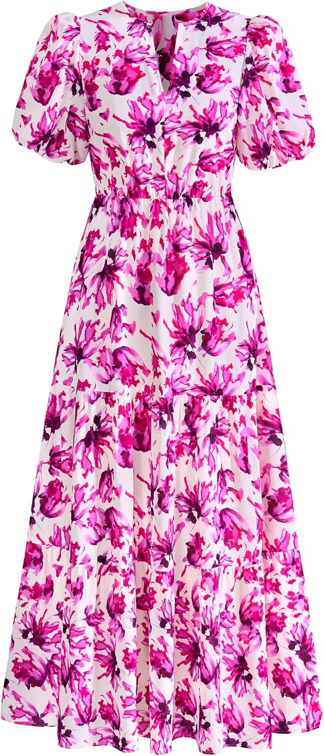 dowerme Women Summer Puff Short Sleeve Floral Boho Tiered Ruffle Maxi Dress | Casual V Neck Wedding Guest Dresses 2026,Fall Fashion A-Line Long Sundress with Pockets,Spring Flowy Beach Vacation Clothes