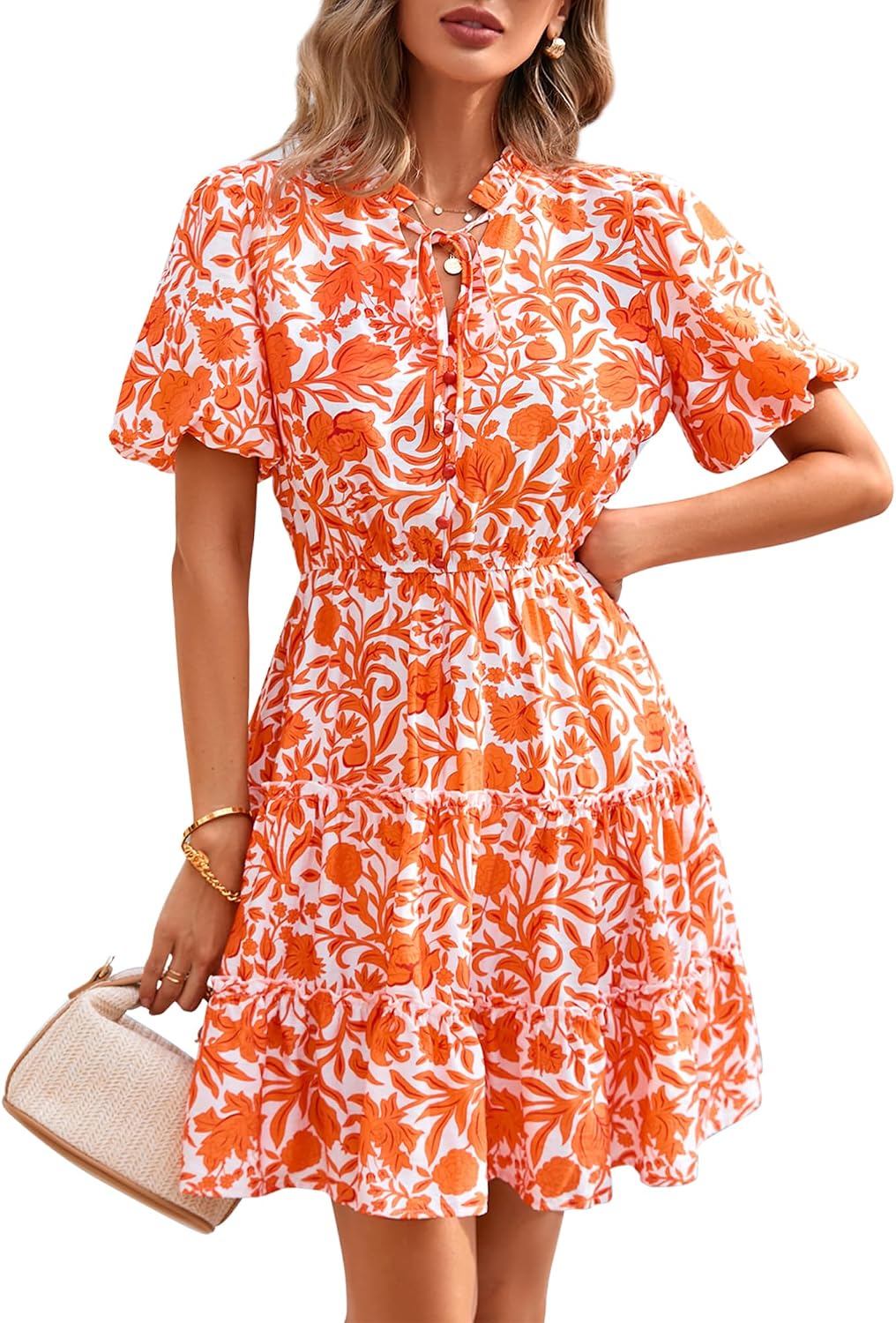 BTFBM Women Summer Floral Short Dresses V Neck Short Sleeve Tiered Ruffle Boho Swing Dress A-Line Mini Dresses