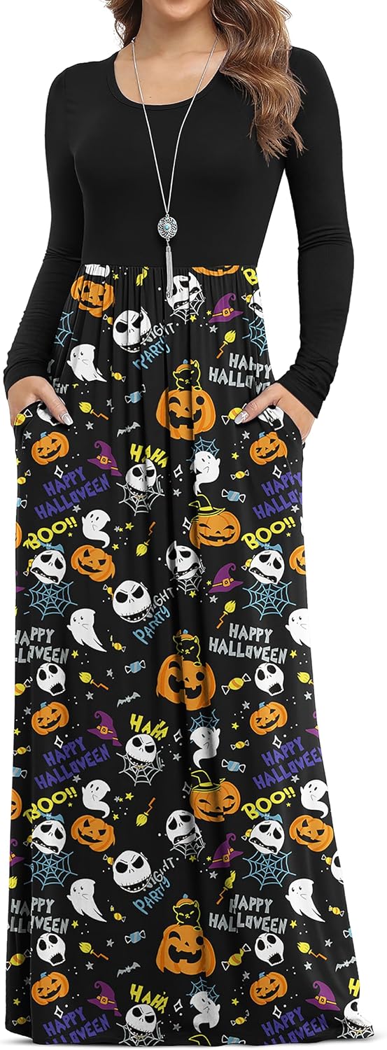VIISHOW Women's Long Sleeve Casual Empire Waist Maxi Dress with Pockets | Soft stretch,Loose\u2011flowing dress,Full\u2011length cut,For church & daily occasions,Layer for cool Fall\u2011Winter,Casual to Formal