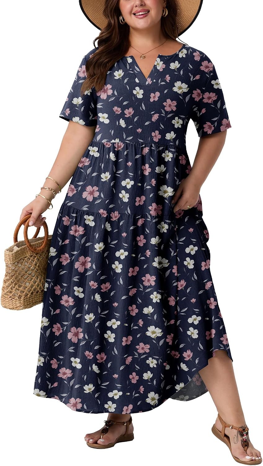 OLRIK Plus Size Maxi Dresses for Curvy Women - Flowy Boho Summer Dress with Pockets, V-Neck Short Sleeve for Beach Vacation
