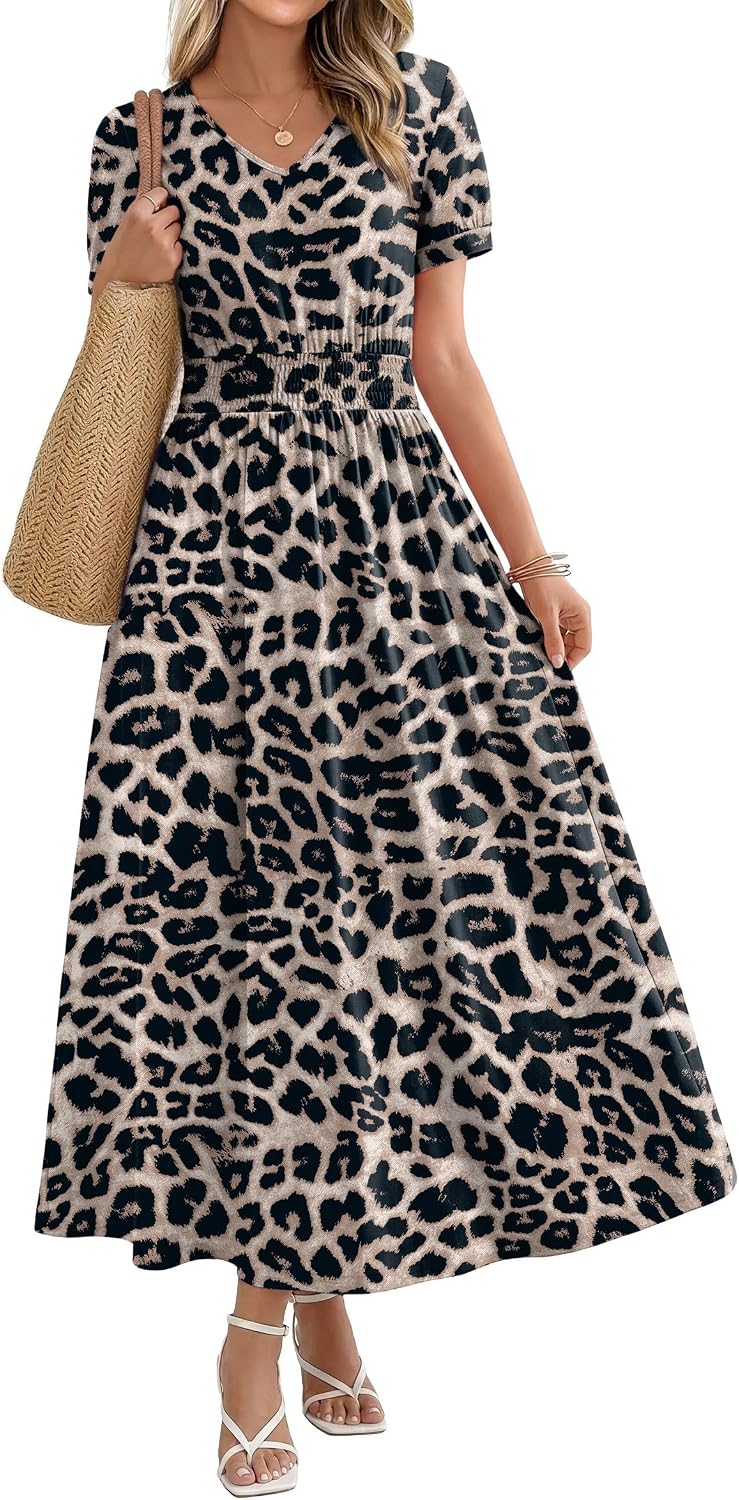 OFEEFAN Maxi Dresses for Women V Neck Ladies Midi Long Dress A Line Smocked Waisted Casual Summer Spring Clothes Boho Beach