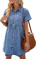 LookbookStore Denim Dress for Women Short Sleeve Flowy Babydoll Jean Dress | Trendy Womens Summer Dresses, Tiered Baby Doll Short Dress, Above Knee Length, Button Down, Daily Wear, Country Concert Dress