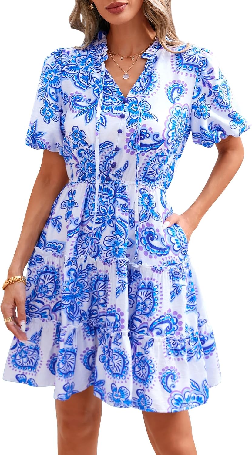 BTFBM Women Summer Floral Short Dresses V Neck Short Sleeve Tiered Ruffle Boho Swing Dress A-Line Mini Dresses