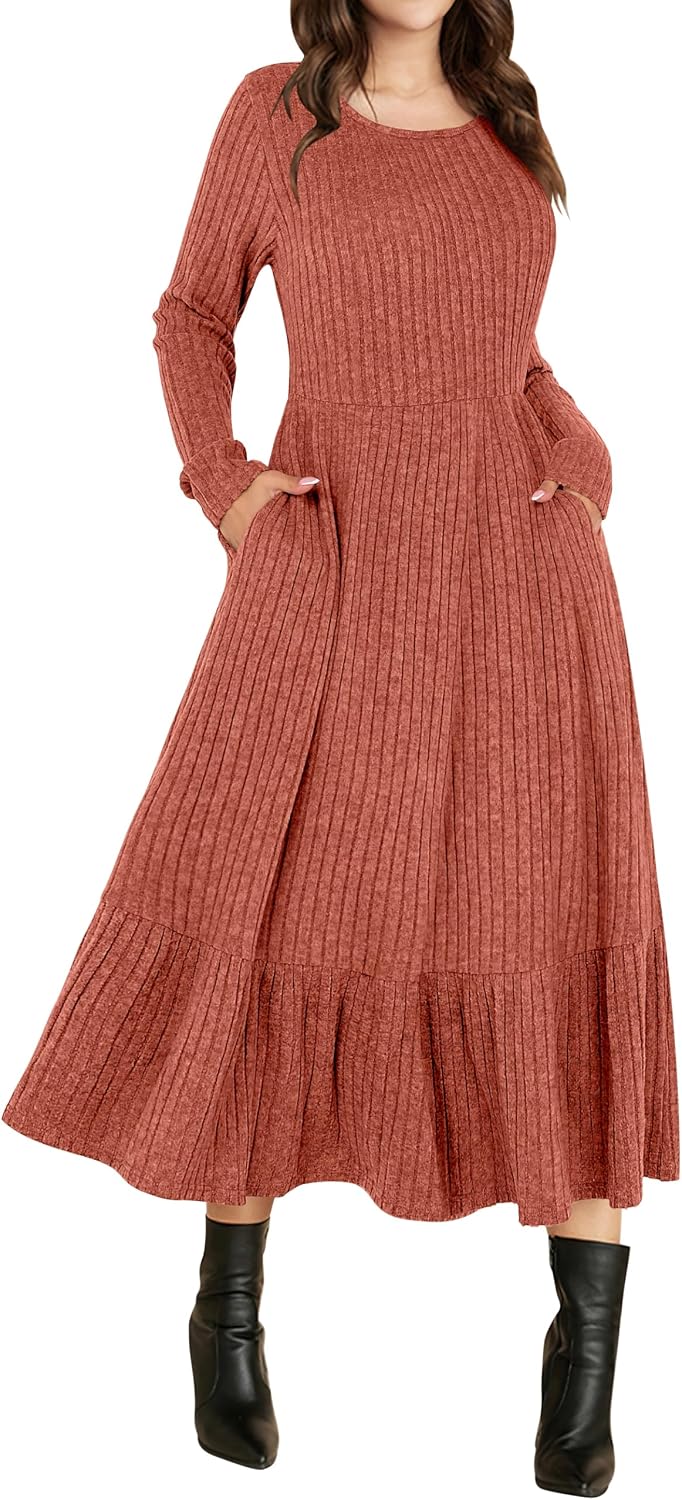 ANRABESS Womens Fall Long Sleeve Midi Dress | Crewneck Swing Flowy A Line Dresses, Soft Comfy Rib Knit, Casual Everyday Date Nights Wear, Minimal Elegant, Winter Layering