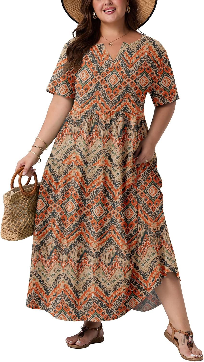 OLRIK Plus Size Maxi Dresses for Curvy Women - Flowy Boho Summer Dress with Pockets, V-Neck Short Sleeve for Beach Vacation