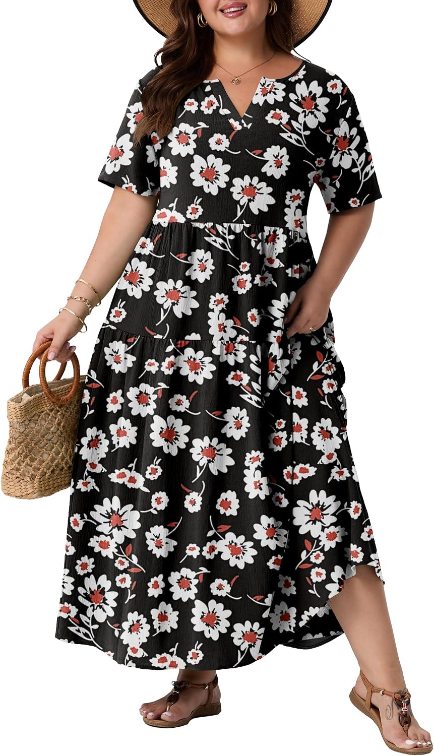 OLRIK Plus Size Maxi Dresses for Curvy Women - Flowy Boho Summer Dress with Pockets, V-Neck Short Sleeve for Beach Vacation