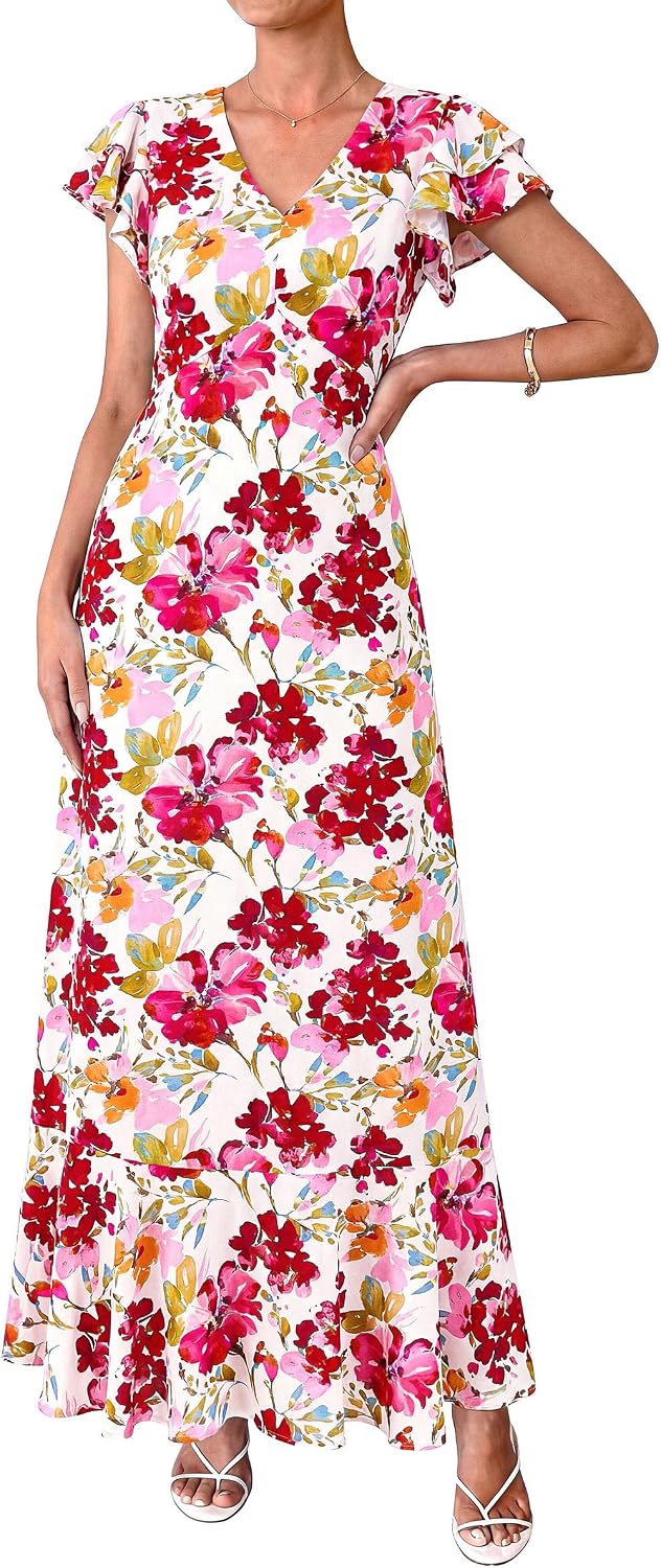 PRETTYGARDEN Womens Summer Boho Floral Maxi Dress | V Neck Ruffle Sleeve Tiered A-Line Sundress, Lightweight Flowy Long Dresses for Spring Wedding Guest, Cocktail Party, Cruise