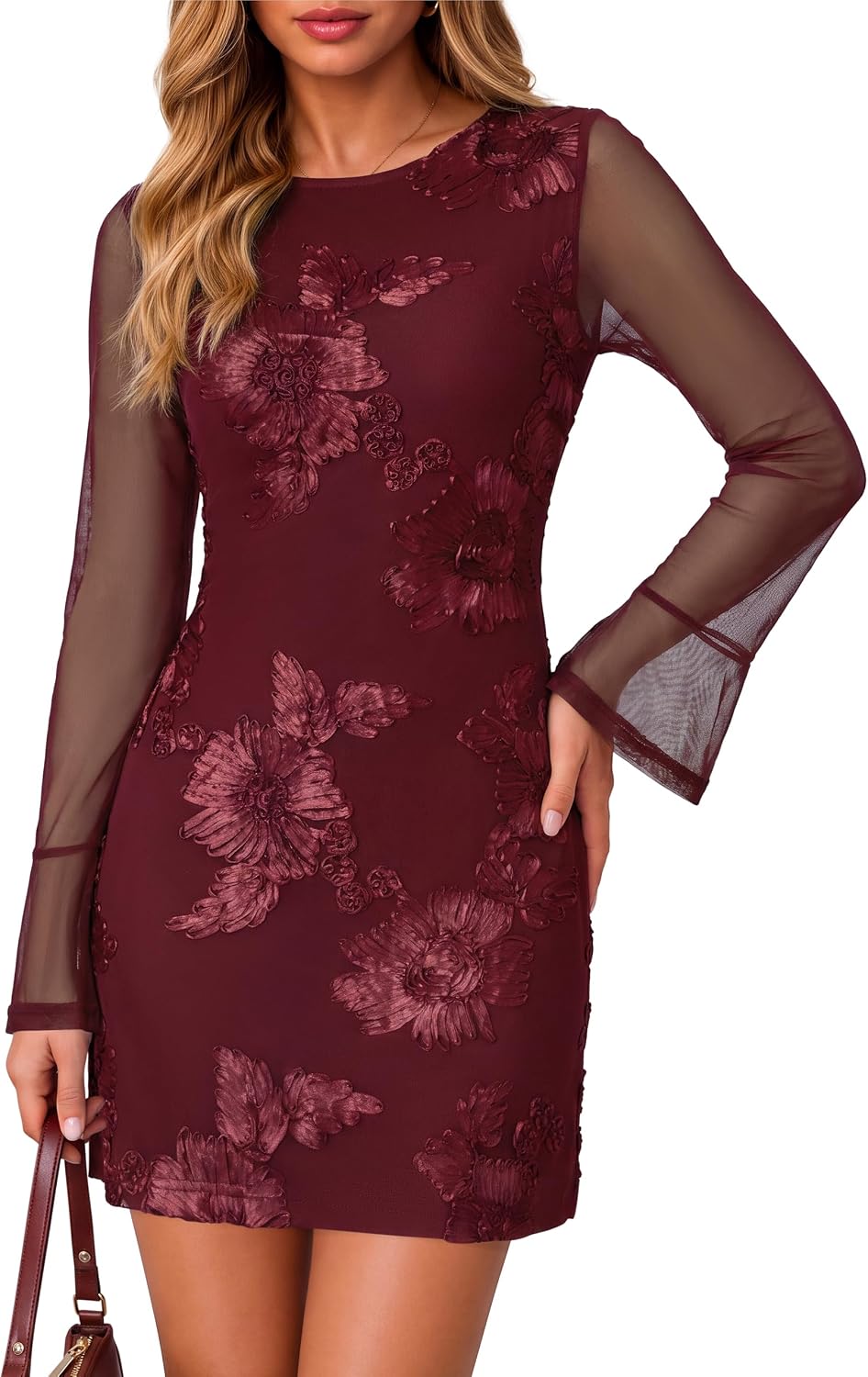Simplee Womens Mini Fall Wedding Guest Dresses Mesh Bodycon Floral Dress | Crew Neck, Flare Long Sleeve, Semi Formal Cocktail Party Dress 2026, Short Baby Bridal Shower, Winter Evening Gowns Outfits
