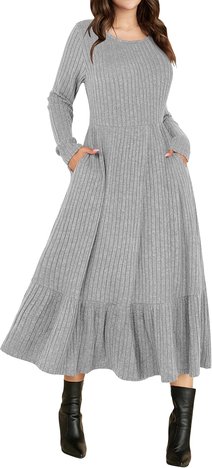 ANRABESS Womens Fall Long Sleeve Midi Dress | Crewneck Swing Flowy A Line Dresses, Soft Comfy Rib Knit, Casual Everyday Date Nights Wear, Minimal Elegant, Winter Layering