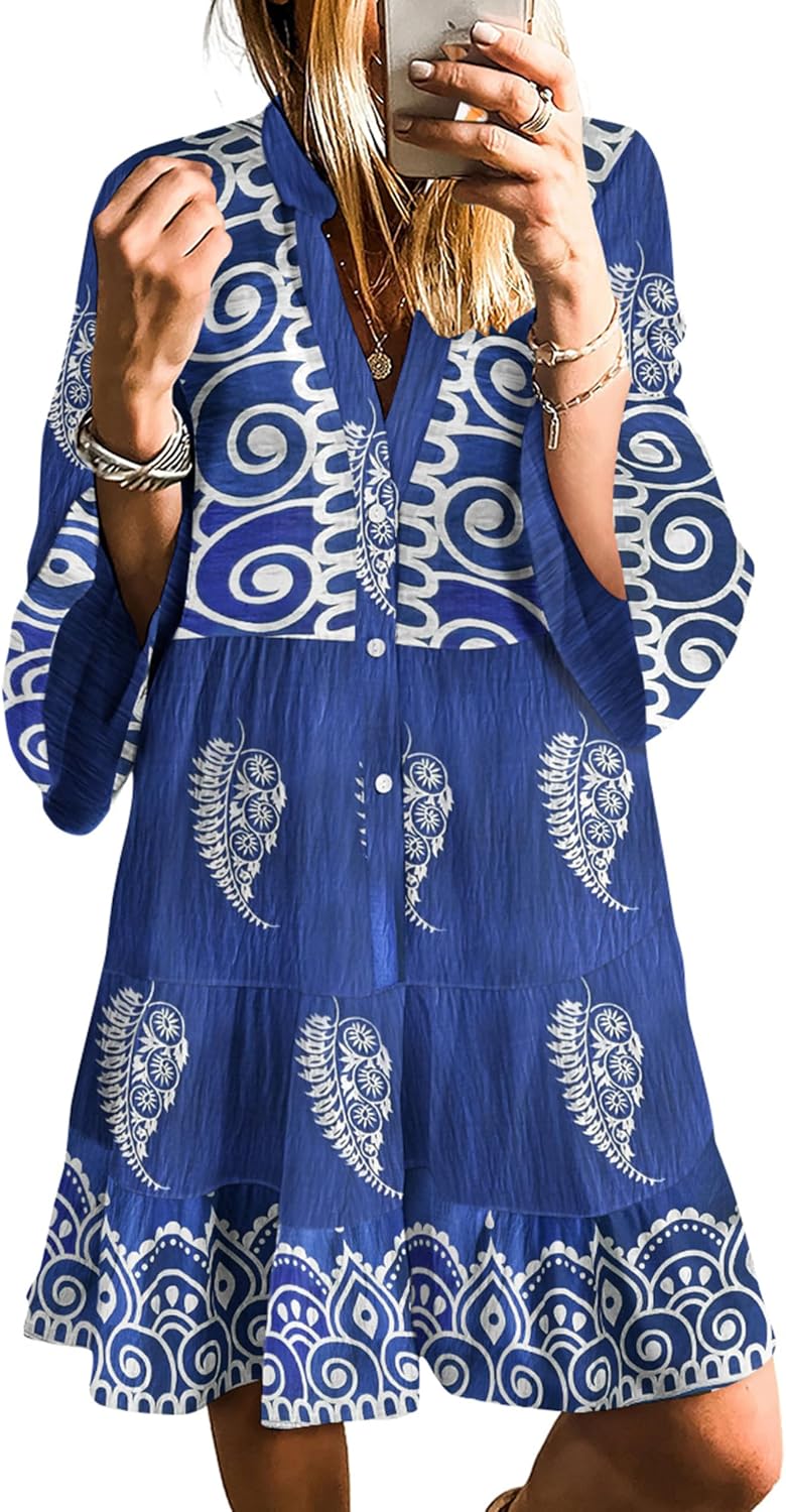 SELINK Womens Long Sleeve Dresses Casual V Neck Tribal Mini Beach Dress | flowy summer dress, front button, bell sleeve, boho, tiered, loose fit for vacation daily outfits