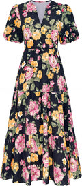 dowerme Women Summer Puff Short Sleeve Floral Boho Tiered Ruffle Maxi Dress | Casual V Neck Wedding Guest Dresses 2026,Fall Fashion A-Line Long Sundress with Pockets,Spring Flowy Beach Vacation Clothes