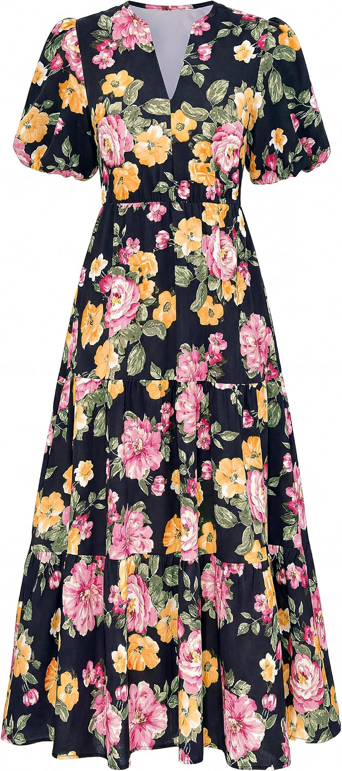 dowerme Women Summer Puff Short Sleeve Floral Boho Tiered Ruffle Maxi Dress | Casual V Neck Wedding Guest Dresses 2026,Fall Fashion A-Line Long Sundress with Pockets,Spring Flowy Beach Vacation Clothes