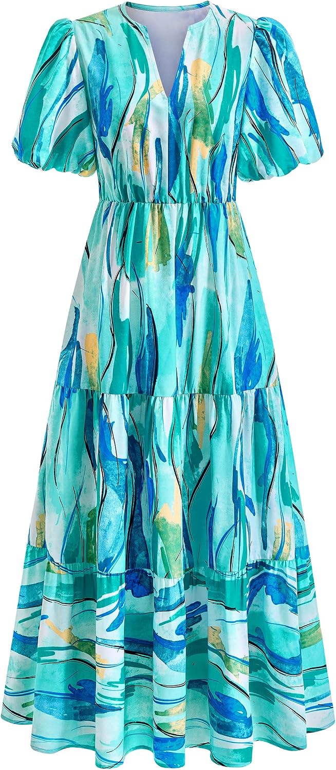 dowerme Women Summer Puff Short Sleeve Floral Boho Tiered Ruffle Maxi Dress | Casual V Neck Wedding Guest Dresses 2026,Fall Fashion A-Line Long Sundress with Pockets,Spring Flowy Beach Vacation Clothes