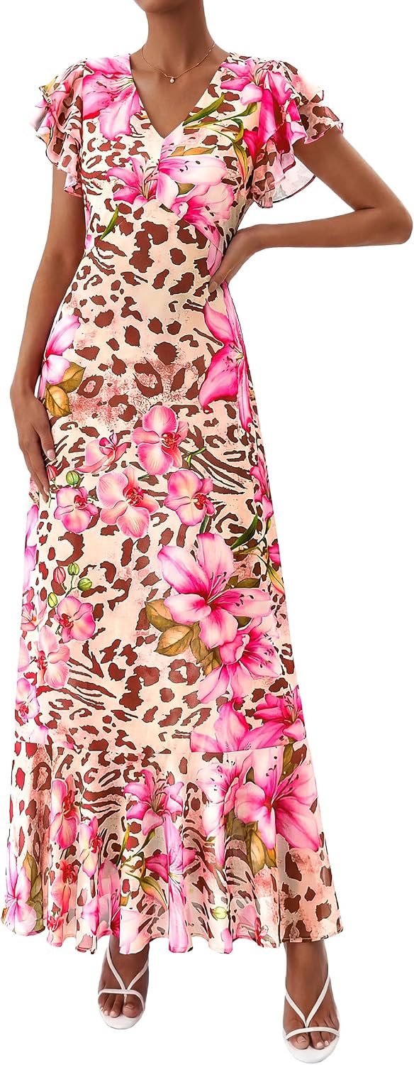 PRETTYGARDEN Womens Summer Boho Floral Maxi Dress | V Neck Ruffle Sleeve Tiered A-Line Sundress, Lightweight Flowy Long Dresses for Spring Wedding Guest, Cocktail Party, Cruise