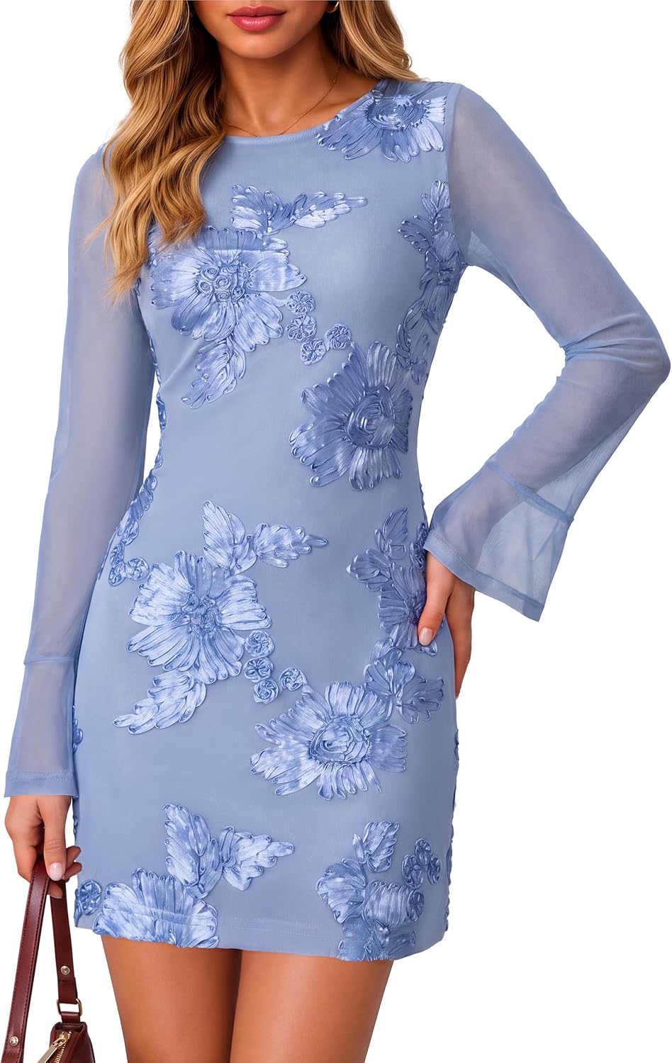 Simplee Womens Mini Fall Wedding Guest Dresses Mesh Bodycon Floral Dress | Crew Neck, Flare Long Sleeve, Semi Formal Cocktail Party Dress 2026, Short Baby Bridal Shower, Winter Evening Gowns Outfits