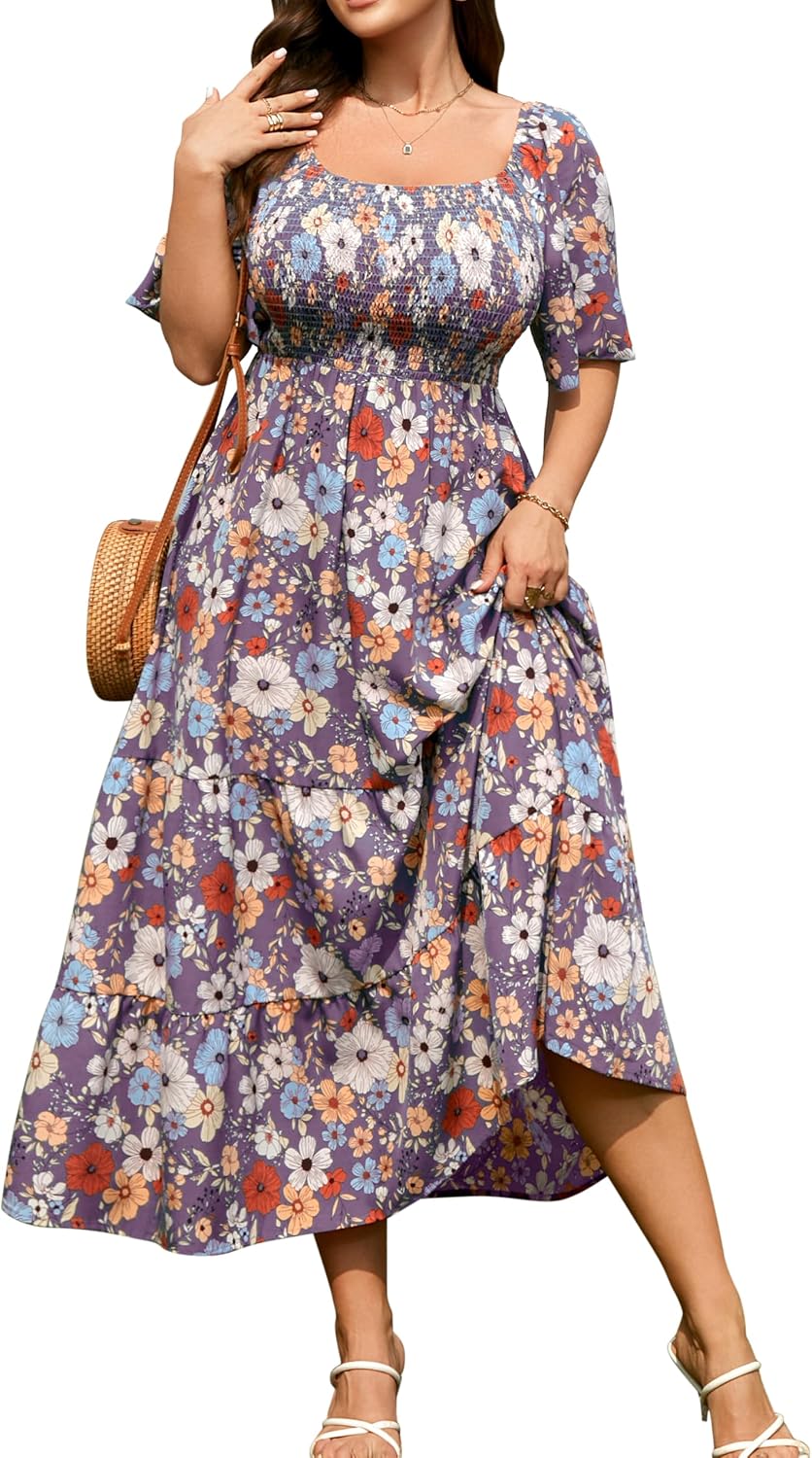 RWJ Women's Plus Size Summer Dresses Short Sleeve Smocked Boho Maxi Dress | Beach Dresses for Women 2026 Vacation, Bohemian Floral Square Neck Empire Waist, Wedding Guest Baby Shower Casual Sundress