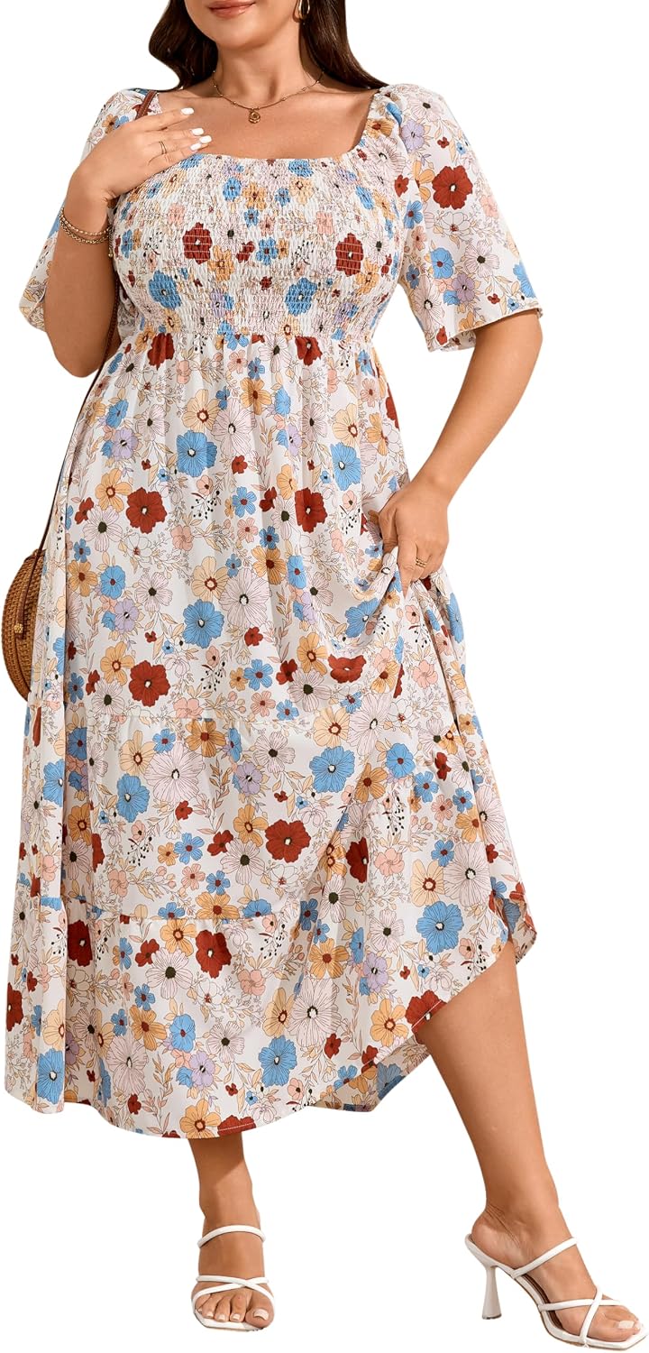 RWJ Women's Plus Size Summer Dresses Short Sleeve Smocked Boho Maxi Dress | Beach Dresses for Women 2026 Vacation, Bohemian Floral Square Neck Empire Waist, Wedding Guest Baby Shower Casual Sundress