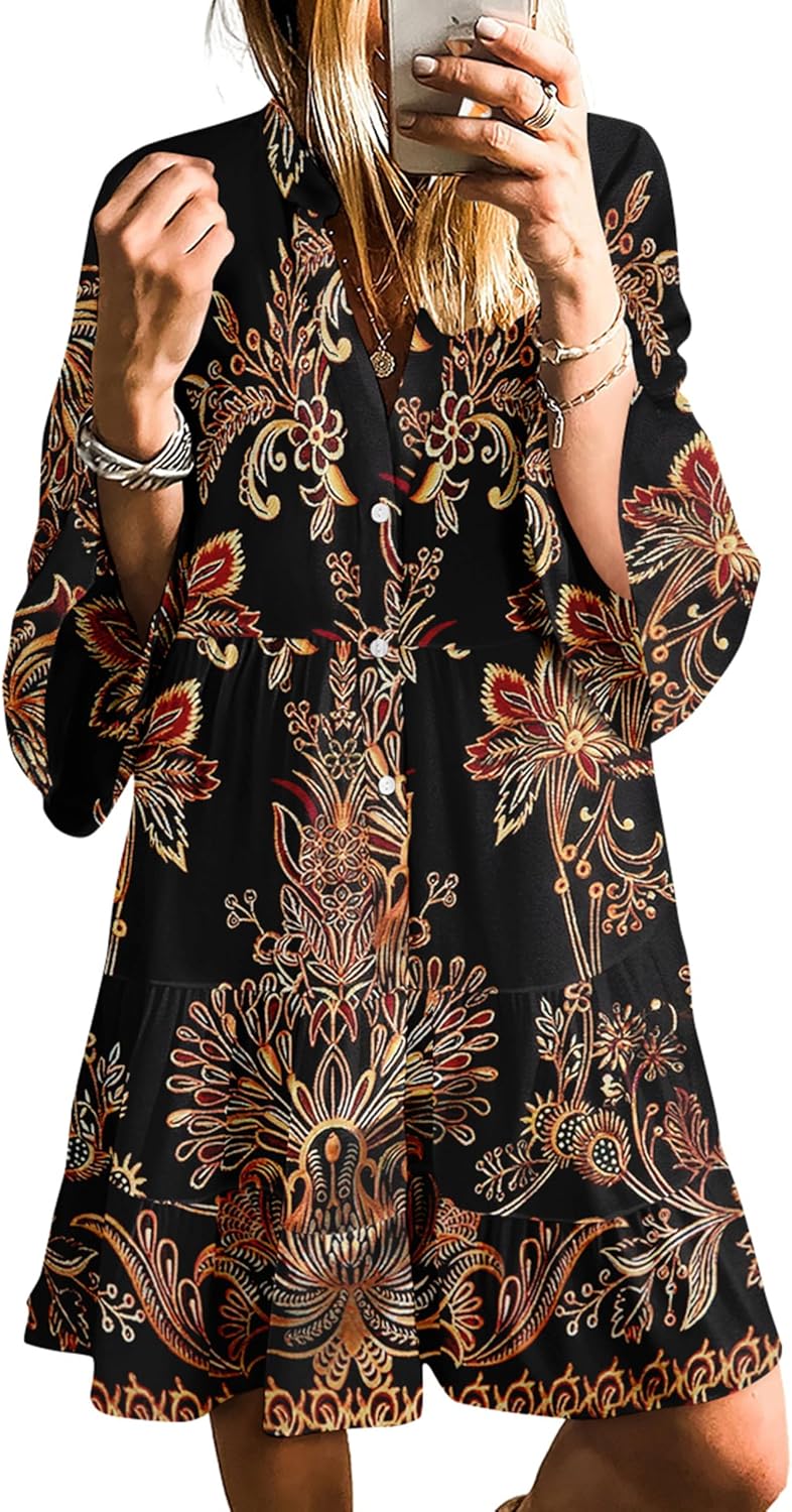 SELINK Womens Long Sleeve Dresses Casual V Neck Tribal Mini Beach Dress | flowy summer dress, front button, bell sleeve, boho, tiered, loose fit for vacation daily outfits