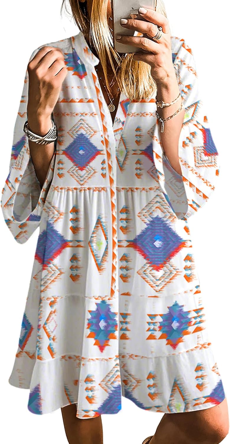 SELINK Womens Long Sleeve Dresses Casual V Neck Tribal Mini Beach Dress | flowy summer dress, front button, bell sleeve, boho, tiered, loose fit for vacation daily outfits