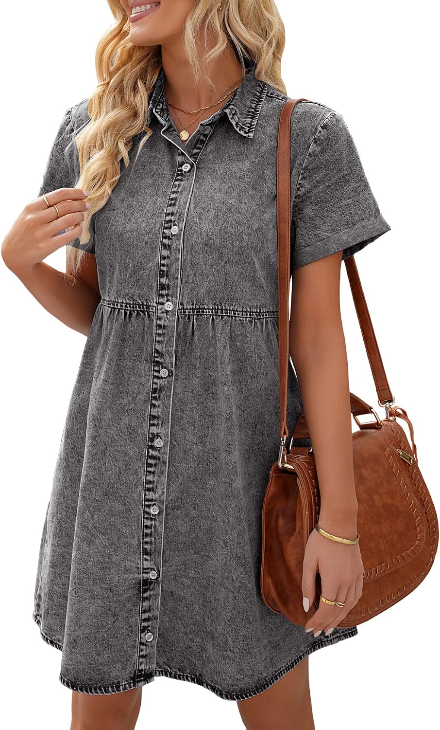LookbookStore Denim Dress for Women Short Sleeve Flowy Babydoll Jean Dress | Trendy Womens Summer Dresses, Tiered Baby Doll Short Dress, Above Knee Length, Button Down, Daily Wear, Country Concert Dress