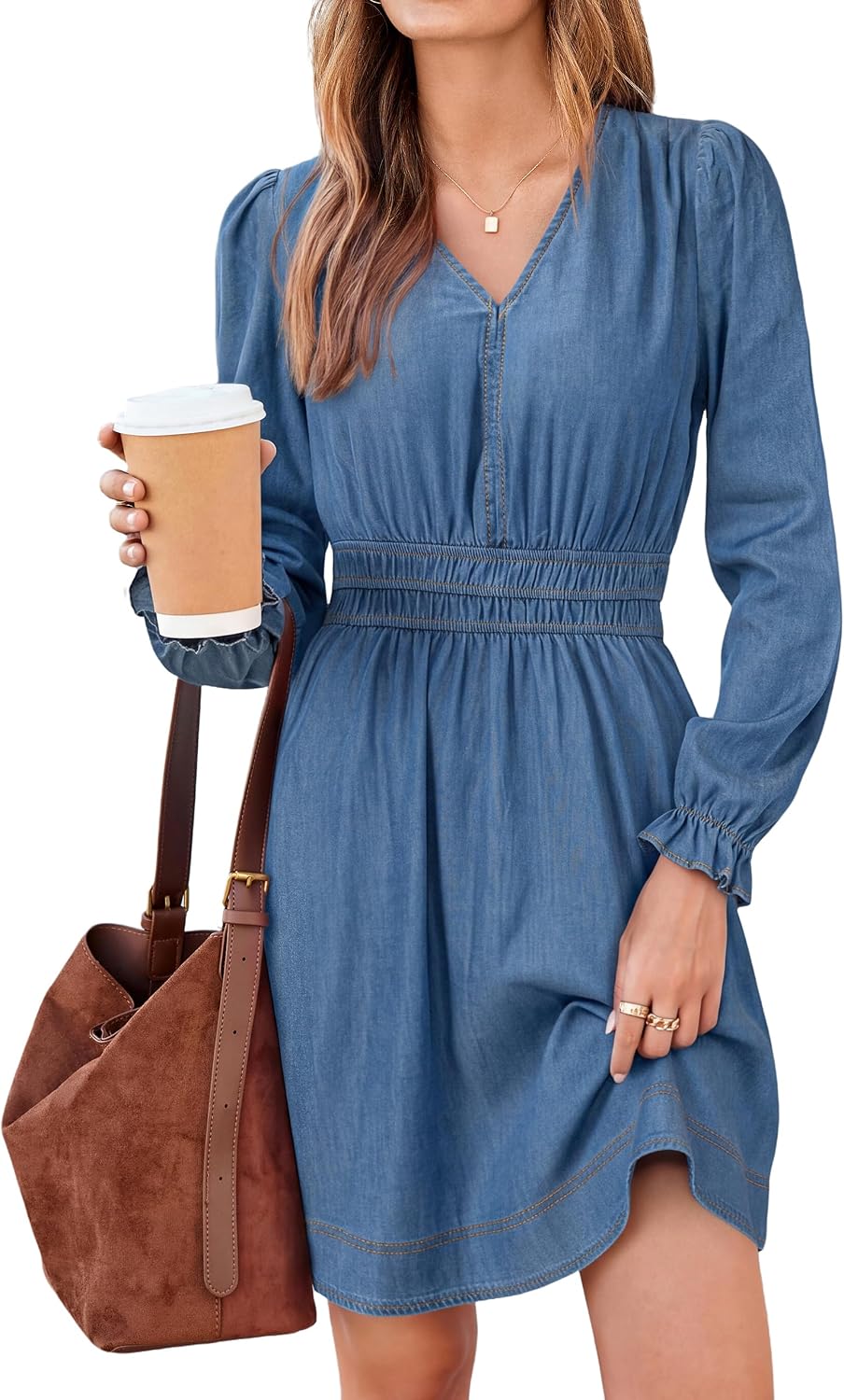 BerryGo Women's Fall Denim Dress Casual Long Sleeve V Neck Jean Dress | Long Sleeve Denim Dress, Chambray Dress, V Neck A Line Dress, Smocked Empire Waist, Mini Dress, Ruffle Cuffs, Pockets