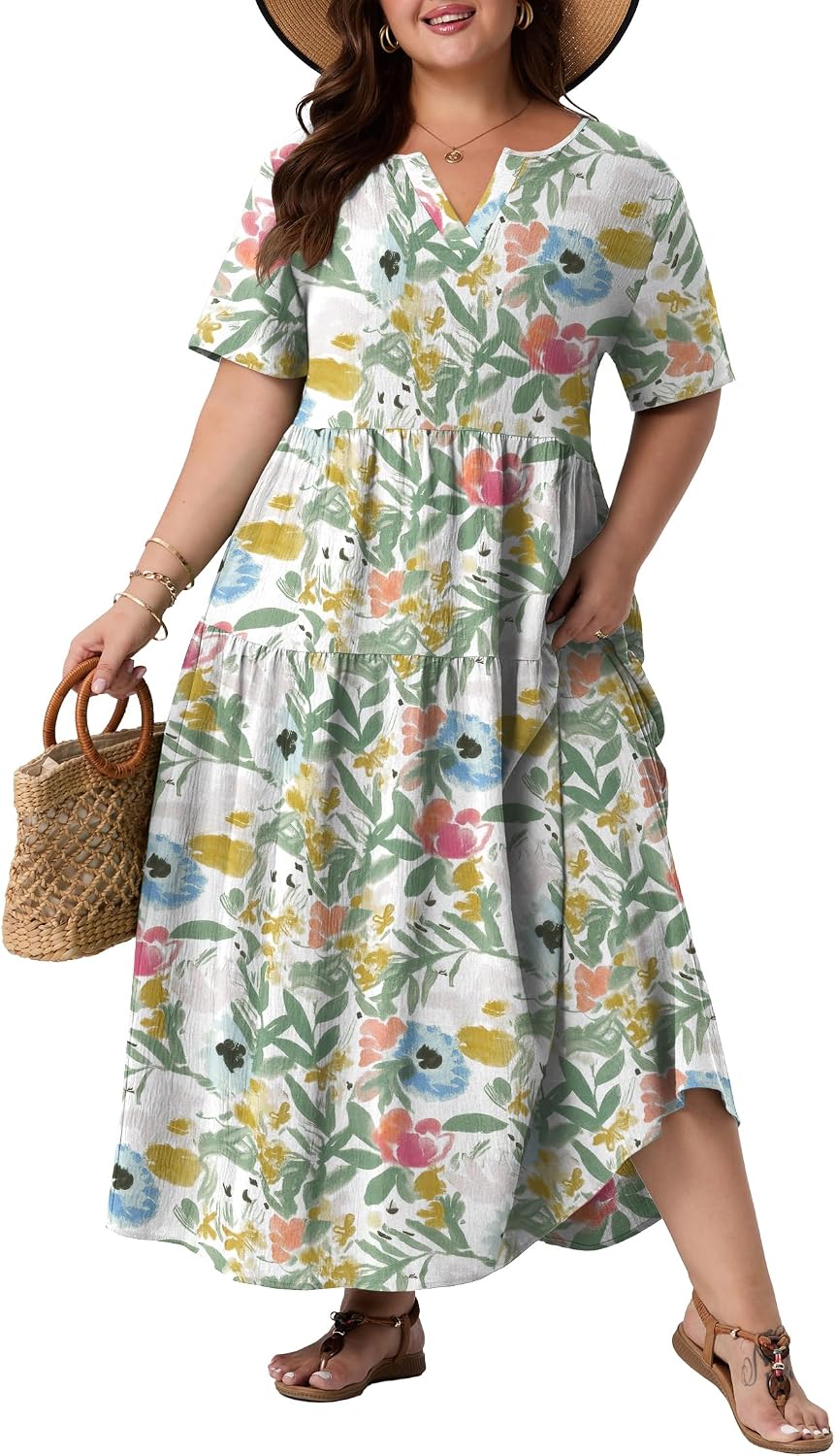 OLRIK Plus Size Maxi Dresses for Curvy Women - Flowy Boho Summer Dress with Pockets, V-Neck Short Sleeve for Beach Vacation
