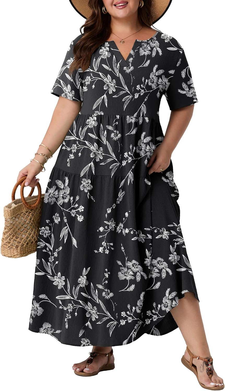 OLRIK Plus Size Maxi Dresses for Curvy Women - Flowy Boho Summer Dress with Pockets, V-Neck Short Sleeve for Beach Vacation