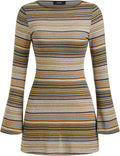 CIDER Women's Striped Jersey Boat Neck Bell Sleeve Flared Mini Dress | Fall Stretch Knit Everyday Apparel