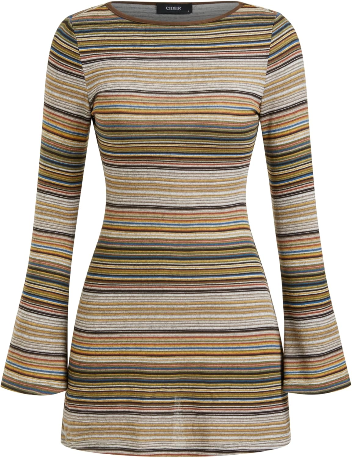 CIDER Women's Striped Jersey Boat Neck Bell Sleeve Flared Mini Dress | Fall Stretch Knit Everyday Apparel