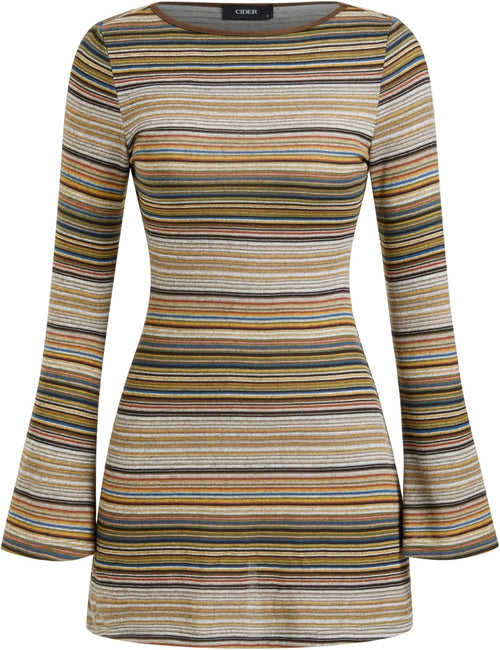 CIDER Women's Striped Jersey Boat Neck Bell Sleeve Flared Mini Dress | Fall Stretch Knit Everyday Apparel